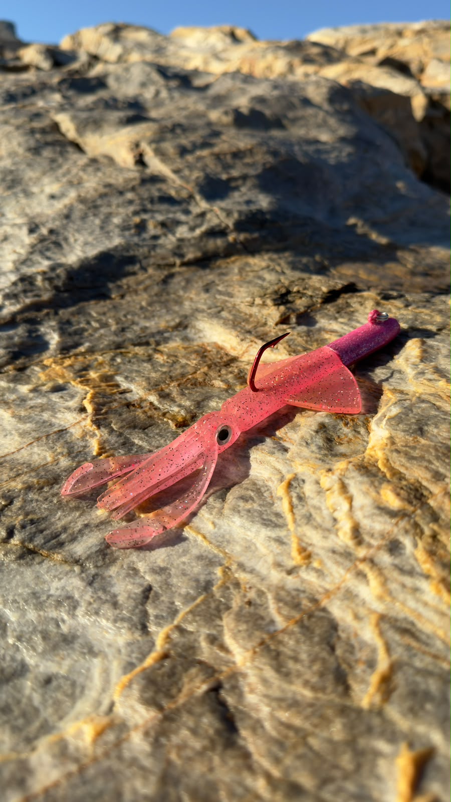 Shore Squid Colourshift soft lure on rocks